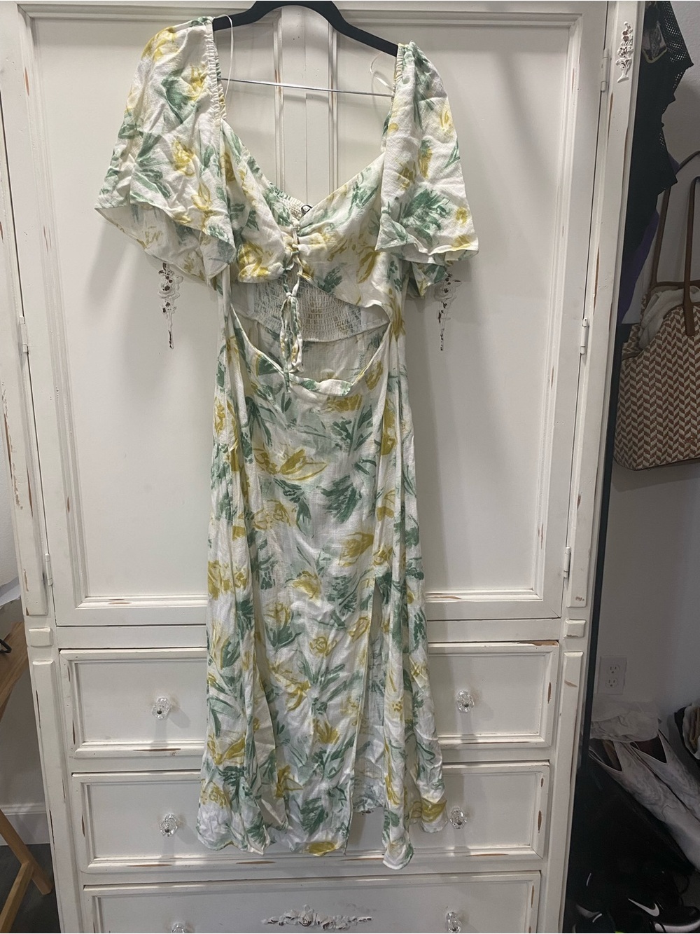 Zara White Floral Tie-Front Midi Dress with Green & Yellow Print